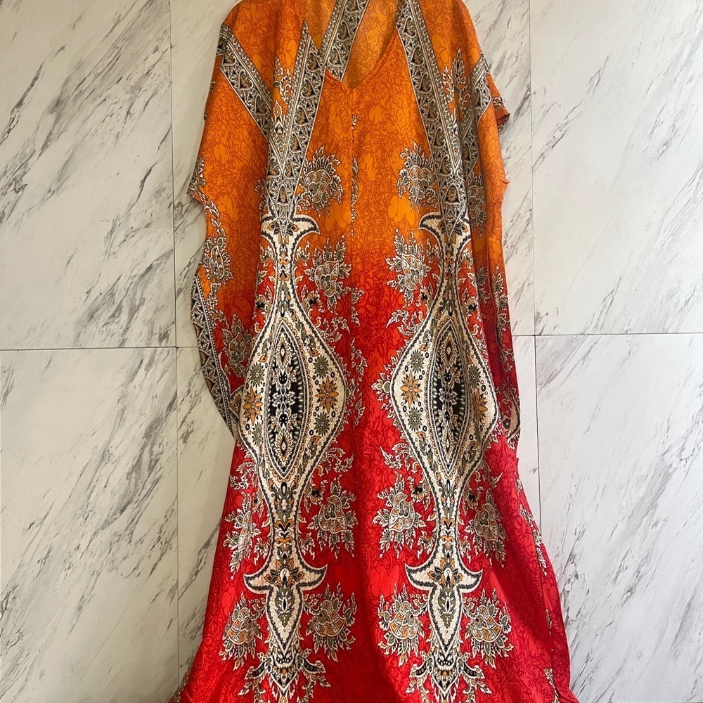 Vintage Floral Paisley Flowy Kaftan Maxi Dress Coverup Beachwear FREE SIZE